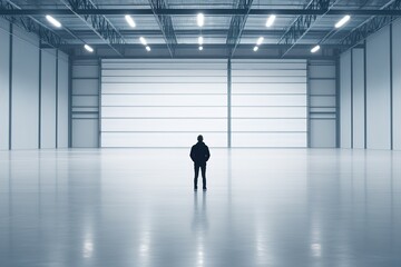 Fototapeta premium Person in vast, empty industrial space.
