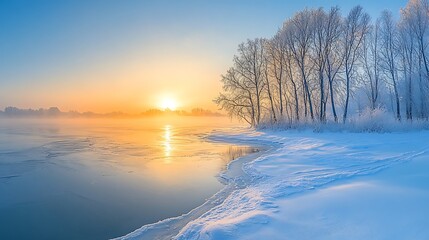 A serene snowy landscape at dawn, with frost-covered trees, a frozen river, and the first light of day breaking through the horizon