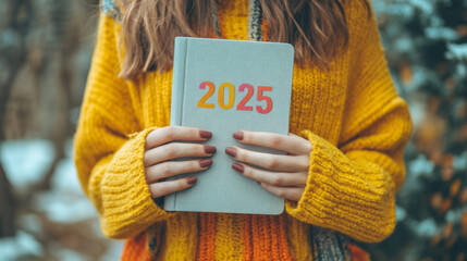 Winter inspiration: woman holding 2025 journal in cozy yellow sweater for seasonal planning and reflection