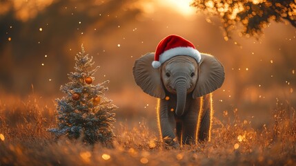 An adorable elephant calf wearing a red Santa hat near a decorated Christmas tree in a warm setting