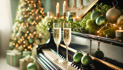 Two champagne glasses rest on a piano surrounded by green ornaments and holiday decor.