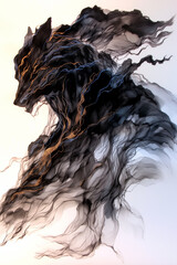 Fototapeta premium abstract ink wash with a figure enveloped in swirling black and golden blurs, suggesting mystery and elegance