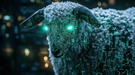 A Cybernetic Sheep with Glowing Green Eyes