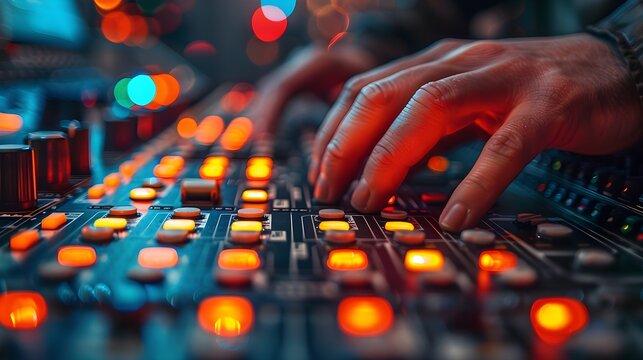 Electrical factory control panel with illuminated indicators. Close-up of a technician's hands adjusting controls on a control panel in an electrical production factory.