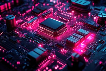 Fototapeta premium Glowing Circuit Board with Neon Lights Showcasing Futuristic Technology and Innovation