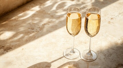 Close up of two glasses of champagne on sunny beige background. 