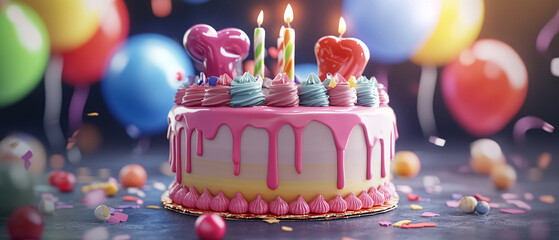 Delicious Birthday Cake with Pink Icing and Colorful Balloons