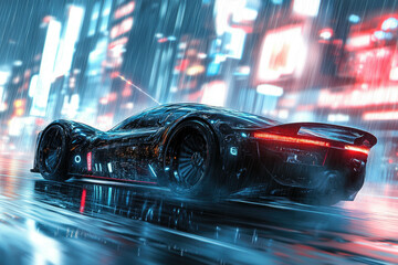 Futuristic Sports Car in Rainy Neon Cityscape at Night