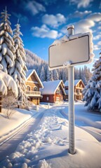 Blank Metal Sign set in a Snow Town: Versatile Industrial Surface for Custom Branding and Signage for Graphic Design Projects
