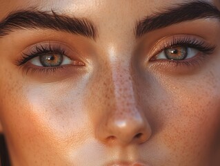 Fototapeta premium Close-up of woman's face with freckles and radiant skin