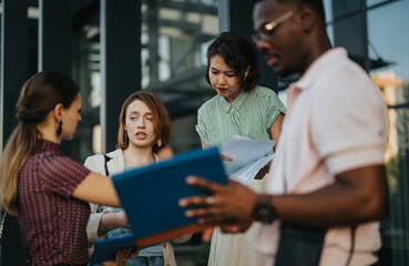 A diverse group of business people engaged in an outdoor business meeting, discussing documents and sharing ideas in a modern urban setting.