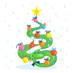 Funny snake in Santa hat - symbol of Chinese New Year in the form of a New Year tree with glass balls. Greeting  cartoon card 2025.  Isolated on white background. Vector illustration.
