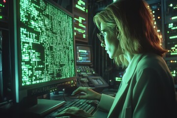 Cybersecurity Specialist Analyzing Data on High-Tech Computer Screen in a Dimly Lit Server Room