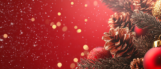 Festive Christmas Ornament with Pine Cone and Red Background