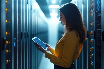 Female IT Technician Inspecting Server Room with Tablet in Data Center