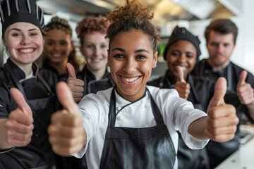 Diverse Team of Confident Restaurant Staff Giving Thumbs Up in Group Photo