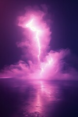 Misty purple fog illuminating a serene body of water at twilight