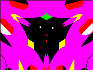 Pink and black shapes dominate the composition, resembling an abstract and symmetrical design. Bold red and yellow accents add contrast, while small white dots provide  focal points.