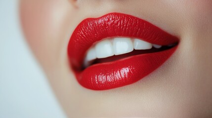 Obraz premium Close up view of a models lips featuring bold red lipstick with a glossy finish