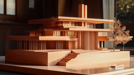 Wooden Model of a Modern House with a Tree