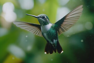 Fototapeta premium A hummingbird hovering gracefully among plants in a serene aquatic environment in daylight