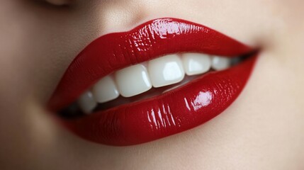 Fototapeta premium Close up view of a models lips featuring bold red lipstick with a glossy finish