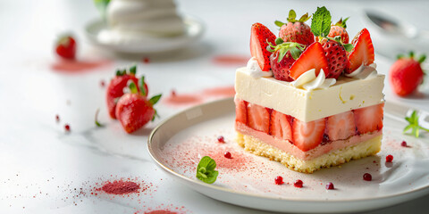 Piece of strawberry cheesecake, cake with cream on a plate. Banner template for advertising menu, cafe and pastry shops, greeting card, festive poster for birthday with space for text