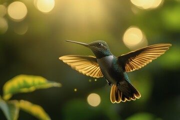 Fototapeta premium A hummingbird hovering gracefully among plants in a serene aquatic environment in daylight