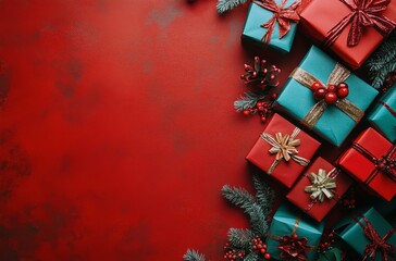 Festive arrangement of holiday gifts and decorations in red and green colors on a table