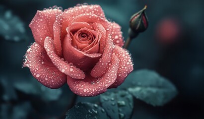 Dew kissed pink rose blooming in the early morning light with soft bokeh background
