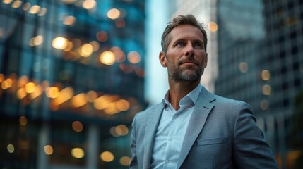 A confident businessman looks over the urban landscape, dreaming of new goals and business success. Copy space - Powered by Adobe