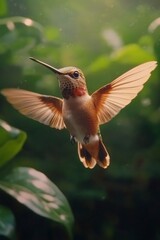 Naklejka premium A hummingbird hovers delicately in a vibrant green garden during a sunny afternoon