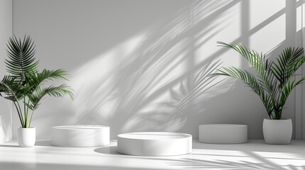 Abstract 3D white space, cylinder podium set, palm leaf shadows, elegant product showcase