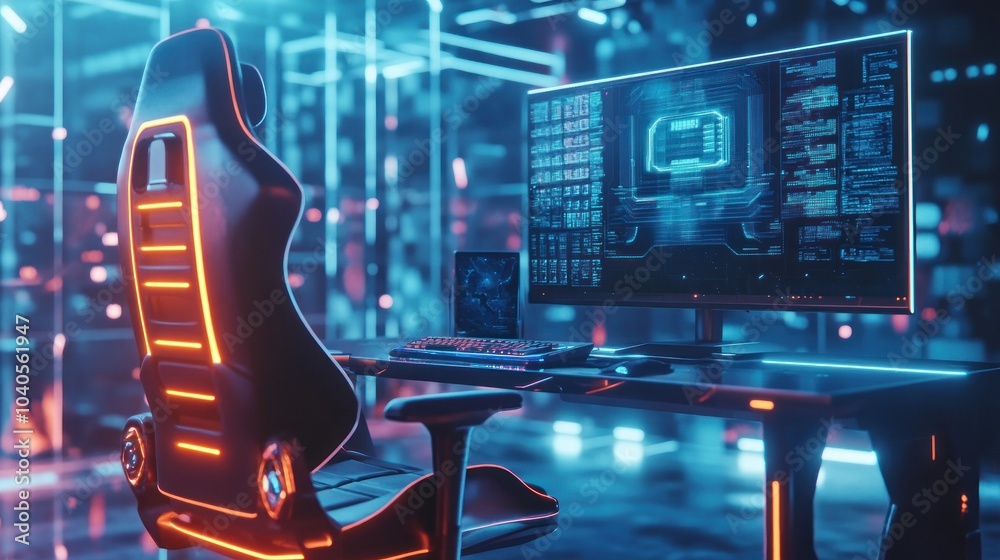 Poster Neon-lit Gaming Setup with a Black Gaming Chair and a Monitor Displaying Code