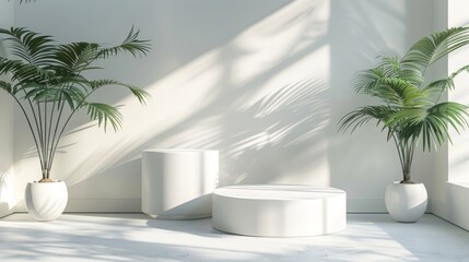 Fototapeta premium Abstract 3D white space, cylinder podium set, palm leaf shadows, elegant product showcase