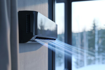 Wall-mounted air conditioner cooling a room with large windows