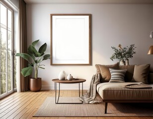 Frame mock up, Living room wall poster. Generated image