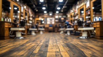 Empty barbershop interior with nobody present featuring wooden floor