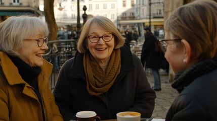 Fototapeta premium Three senior women enjoying coffee and conversation at outdoor cafe