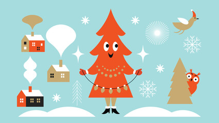 Christmas Card, Christmas tree, winter houses
