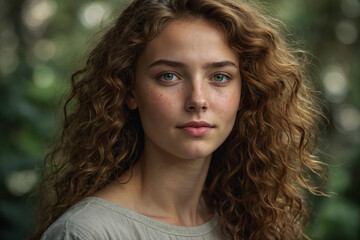 Naklejka premium Realistic portrait of a female, with a gentle smile. Soft, natural light, with a shallow depth of field that blurs the background and focuses attention on the subject's face