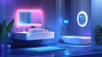 Futuristic Bathroom with Neon Lights, Waterfall Shower, and Smart Features