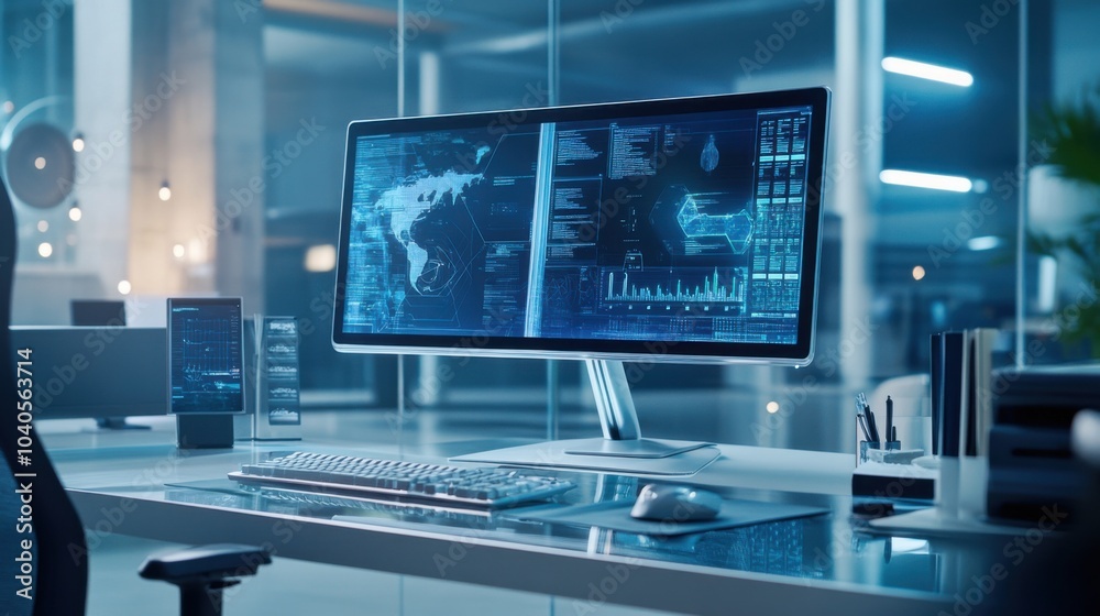 Poster a high-tech workstation with a transparent computer monitor, ergonomic chair, and a futuristic desk 