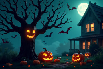 Fototapeta premium Spooky halloween night with jack-o'-lanterns and haunted house scene
