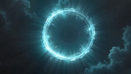 Obraz premium Glowing circular portal with radiating light amidst a dark sky