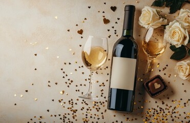 Elegant white wine bottle with glass and heart shaped decorations on a tabletop background