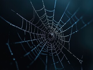 Fototapeta premium Captivating Close-Up of a Morning Spider Web: A Stunning Poster Perfect for Dark-Themed Decor or Sports Interiors, Showcasing Nature's Intricate Textures and Glistening Water Droplets.