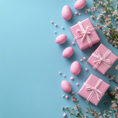 Fototapeta premium Colorful Easter gifts and decorated eggs arranged on a blue background with spring elements