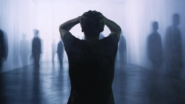 Silhouetted Man Confronting Inner Demons Through Haunting Shadowy Hallway Mental Health Anxiety Depression