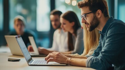 Fototapeta premium Team members using a laptop in an office setting, clean and minimalistic image with ample copy space.